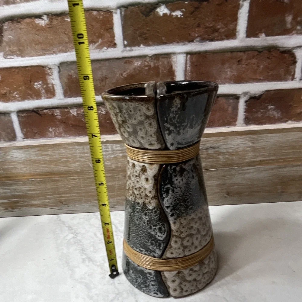 Art Pottery Ceramic Vase Brown Gray Beige Textured Divided Rim 10